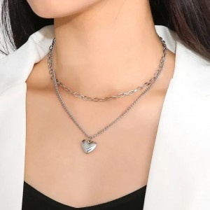 Double heart white gold plated necklace